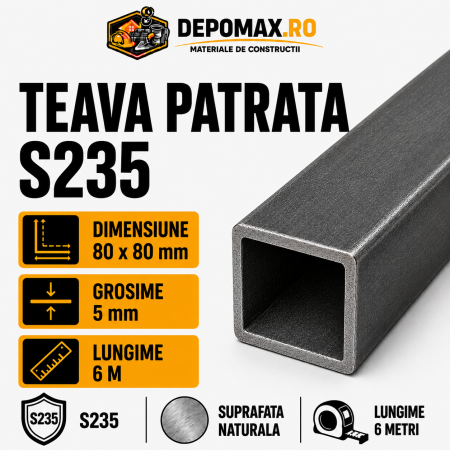 Teava patrata 80 x 80 x 5 mm, 6 metri